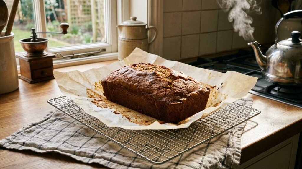 A golden-brown loaf of freshly baked banana bread cooling on a wire rack