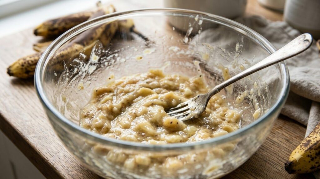 A bowl of perfectly mashed ripe bananas with a fork showing some small lumps for texture