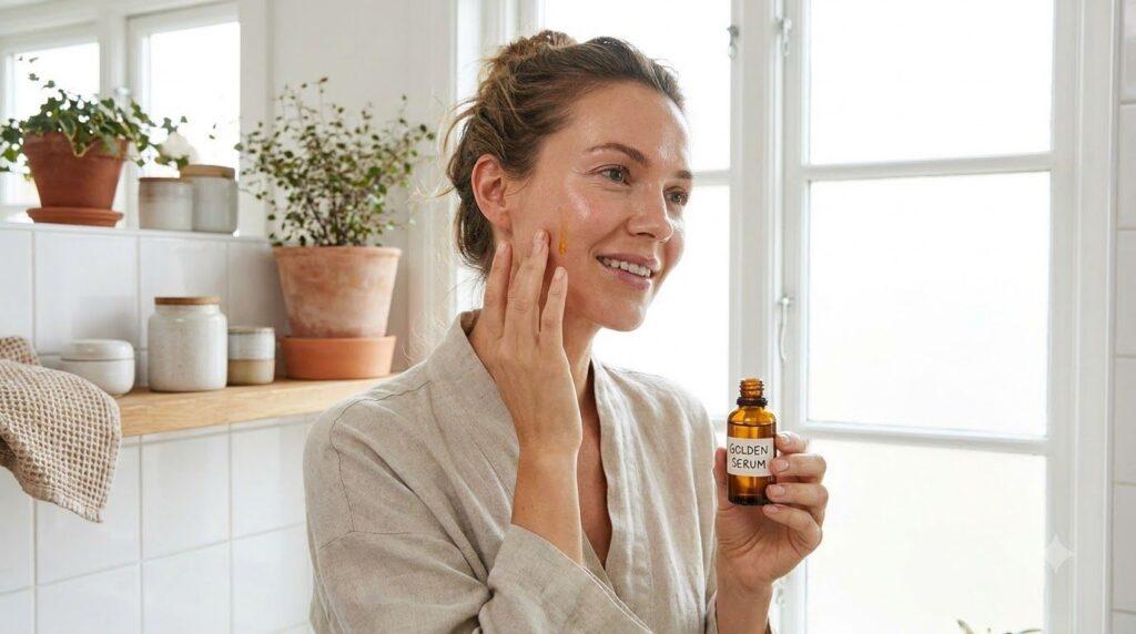 A woman gently applying a few drops of homemade clove and baby oil to her face with a dropper smiling softly