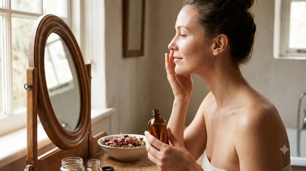 A woman gently massaging a natural oil onto her clean face looking into a mirror with soft natural light emphasizing a h