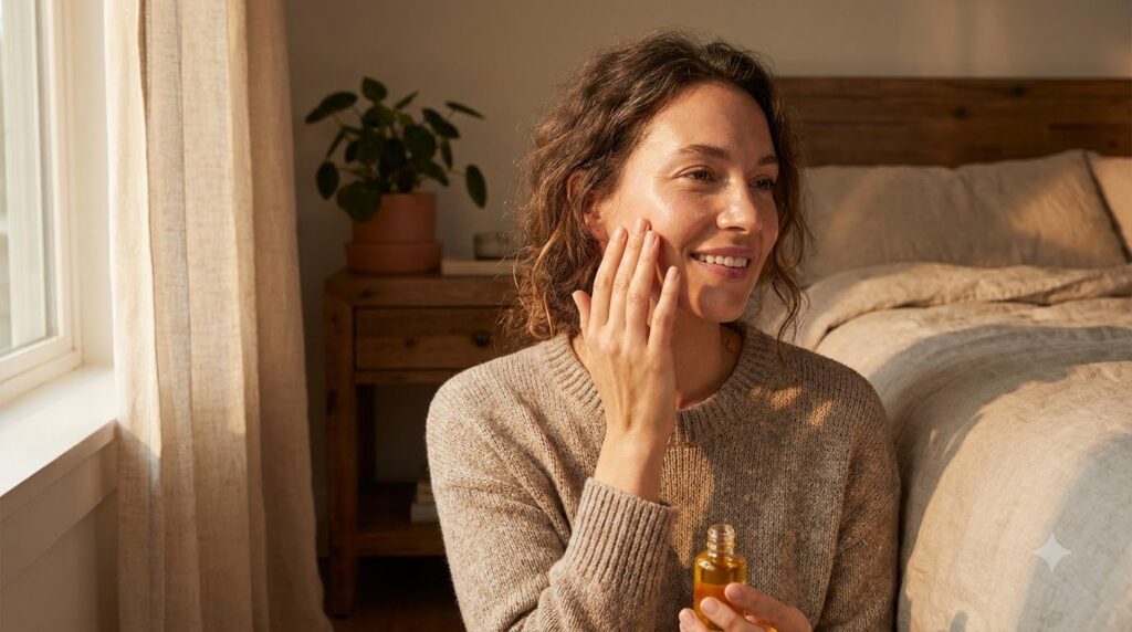 A woman gently applying a few drops of homemade facial oil to her cheek with her fingertips her skin glowing in a warm n