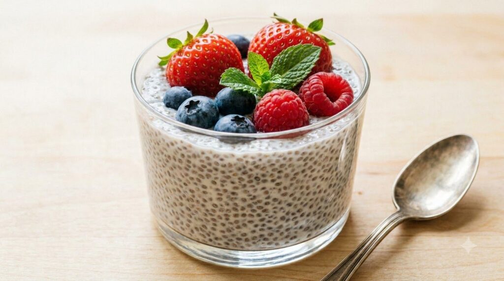 A close-up of a glass of chia seed pudding with fresh berries and mint leaves on top showing its thick texture next to a