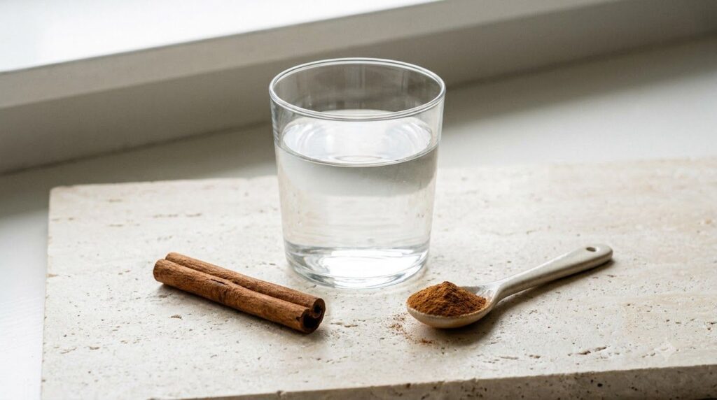 Ingredients for cinnamon water a glass of water a cinnamon stick and a small spoon with cinnamon powder