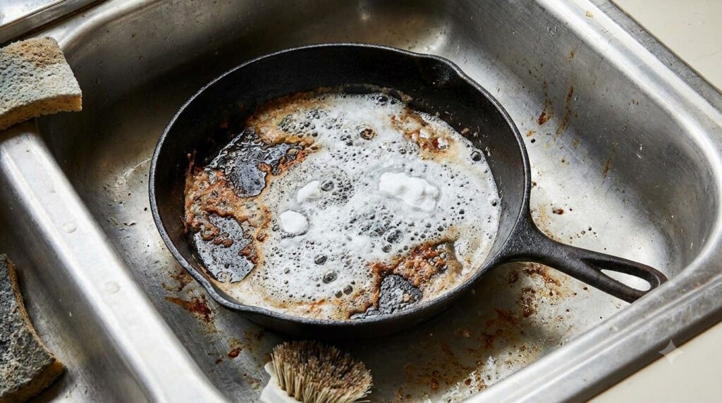A close-up of a dirty frying pan being cleaned with baking soda and vinegar showing the bubbling reaction on the burnt s