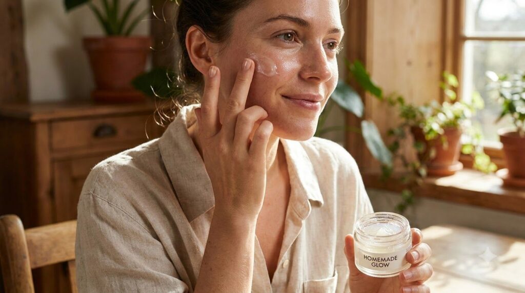 A woman gently applying a small amount of the homemade glow gel to her cheek showing soft glowing skin Her expression is