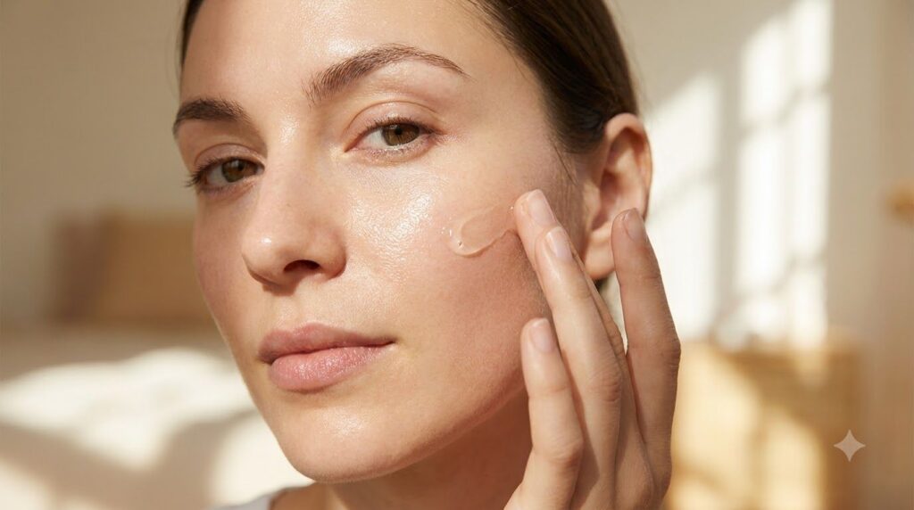 A woman gently applying a small amount of glow gel to her cheek demonstrating the smooth texture and radiant effect on h