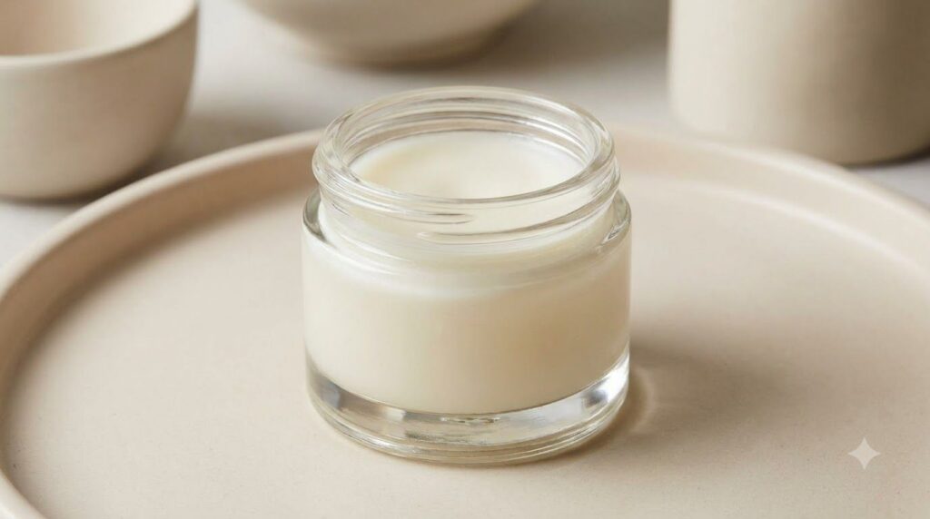 A small clear glass jar filled with the prepared Vaseline baby oil and peptide cream mixture with a neat label