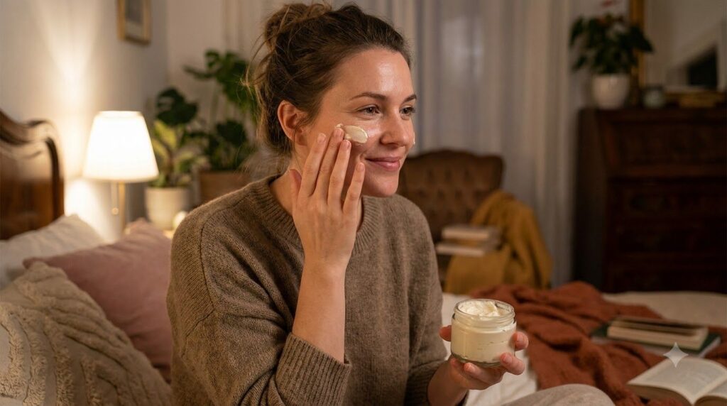 A woman applying the homemade cream to her face at night