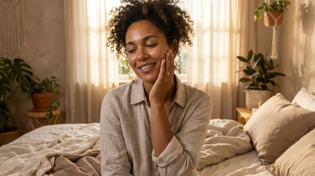 A woman waking up in the morning touching her glowing smooth face illustrating the ageless glow results