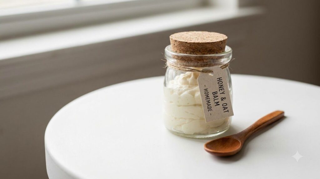 A small glass jar filled with the prepared creamy golden-white homemade beauty balm with a small spatula beside it on a
