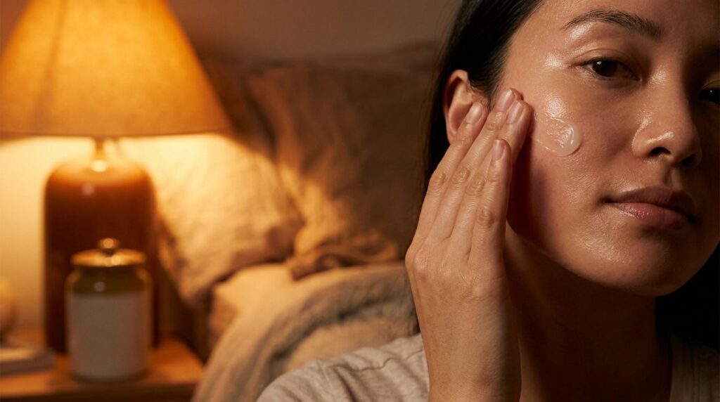 A close-up of a hand gently applying Vaseline to a face showing smooth glowing skin The background is soft and warm indi