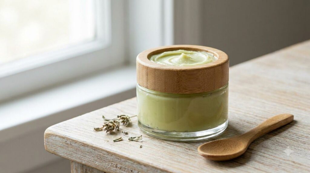 A small airtight glass jar filled with a pale green creamy DIY balm with a label indicating Youthful Glow Night Balm