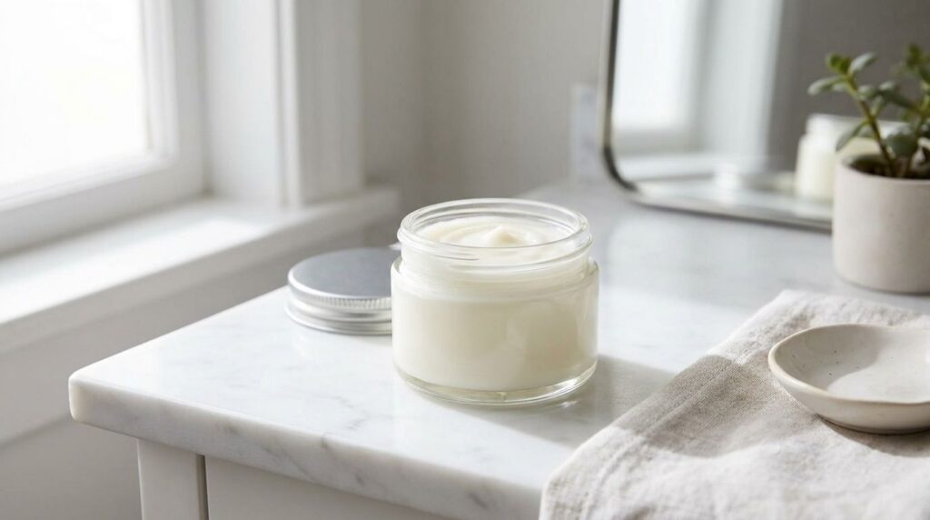 A small clear jar filled with the mixed Vaseline Baby Oil and Panthenol B5 balm on a vanity