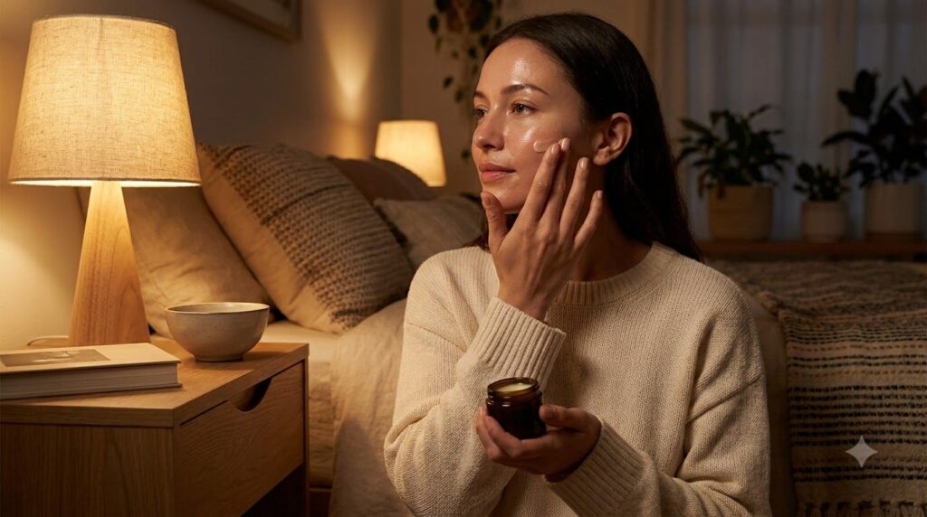 A woman gently applying a small amount of the Vaseline baby oil and Vitamin C blend to her face at night