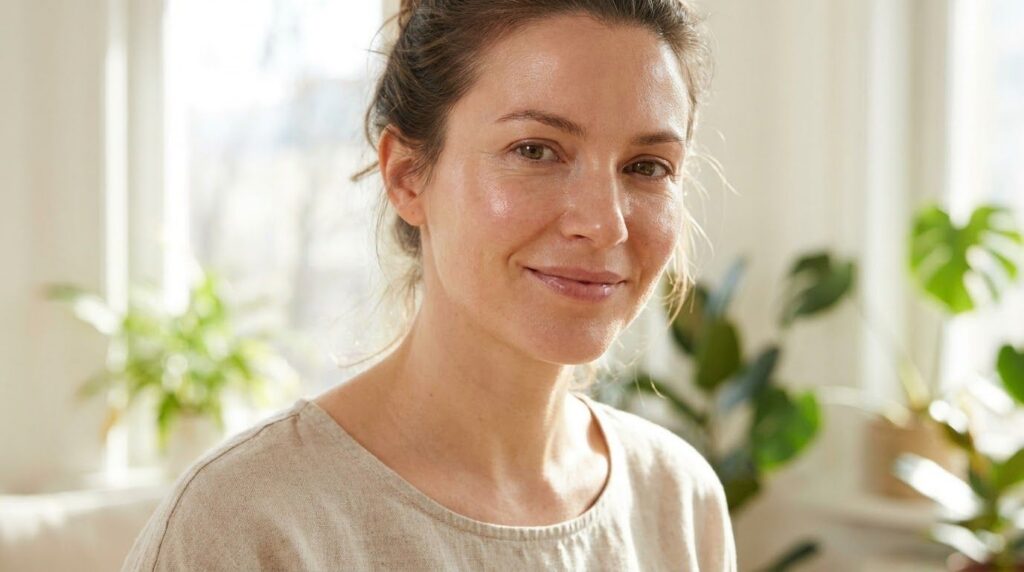 A woman with clear radiant skin smiling softly looking refreshed after a skincare routine