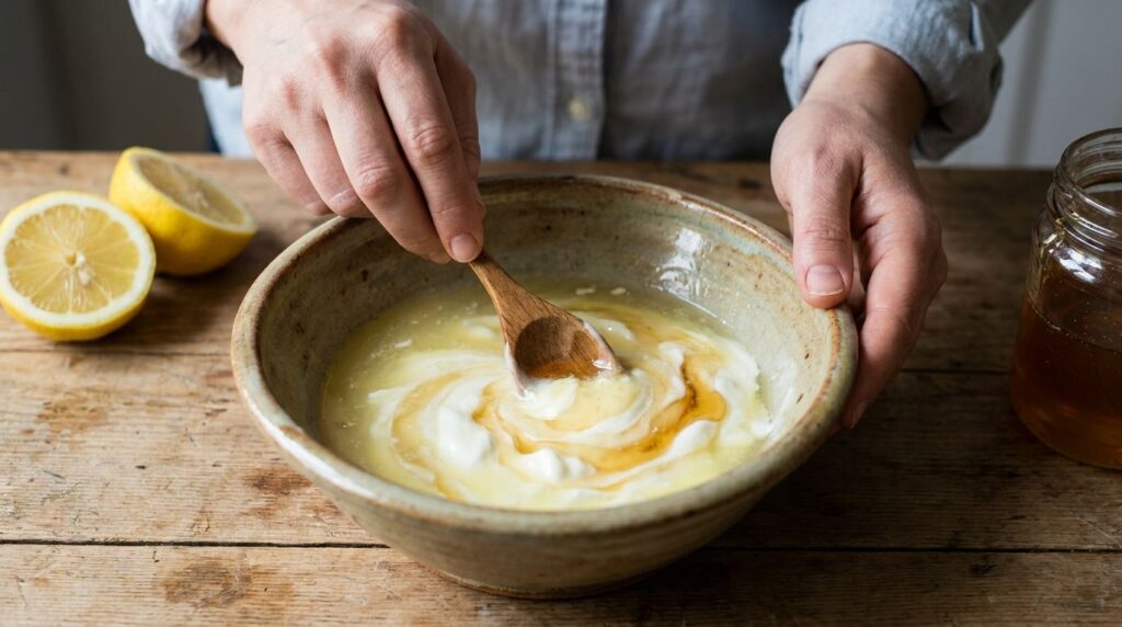 A close-up shot of hands mixing lemon juice yogurt and honey in a small bowl with a spoon creating a creamy paste