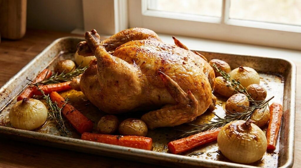 A perfectly roasted whole chicken surrounded by herbs and vegetables on a baking sheet