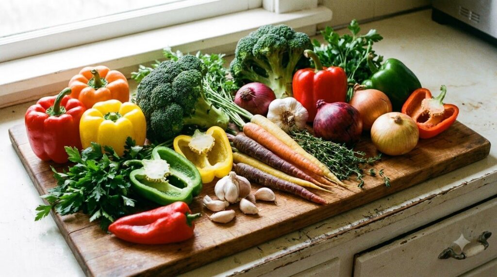 A variety of raw fresh vegetables and herbs laid out on a wooden cutting board ready for a versatile chicken dinner