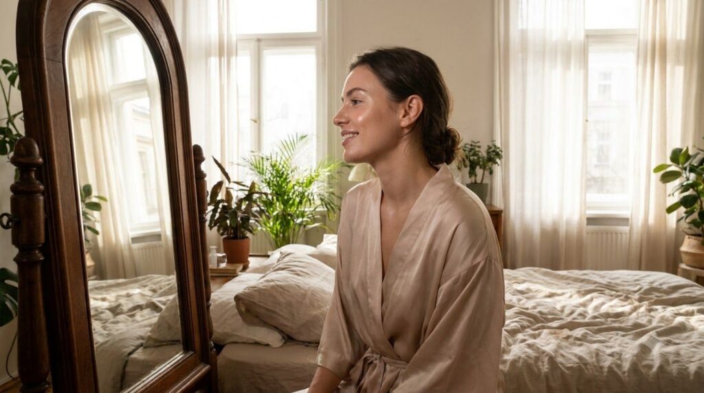 A woman waking up in the morning looking at herself in the mirror with a radiant dewy complexion a soft smile and natura