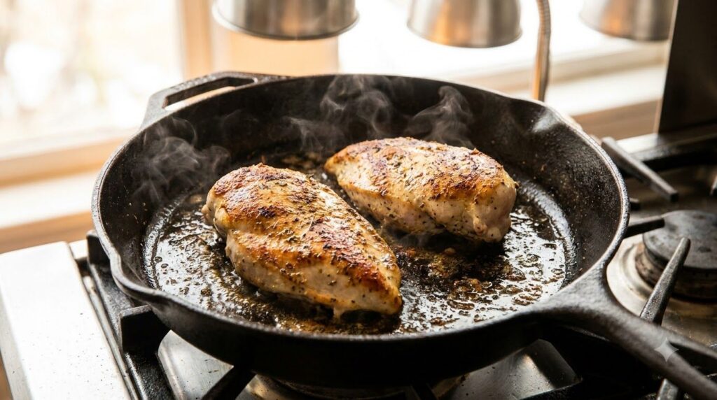 A chef searing chicken breasts in a hot skillet creating a golden-brown crust