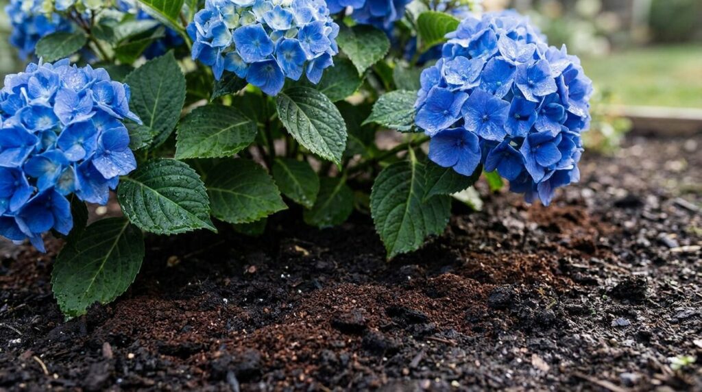 A close-up of lush green hydrangea leaves and a vibrant blue hydrangea bloom with coffee grounds lightly sprinkled on th