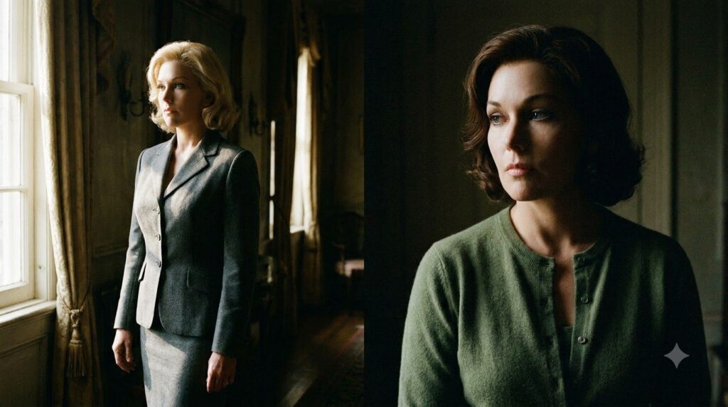 Kim Novak in a scene from Alfred Hitchcock s Vertigo portraying her iconic dual role She is shown in a dramatic and styl