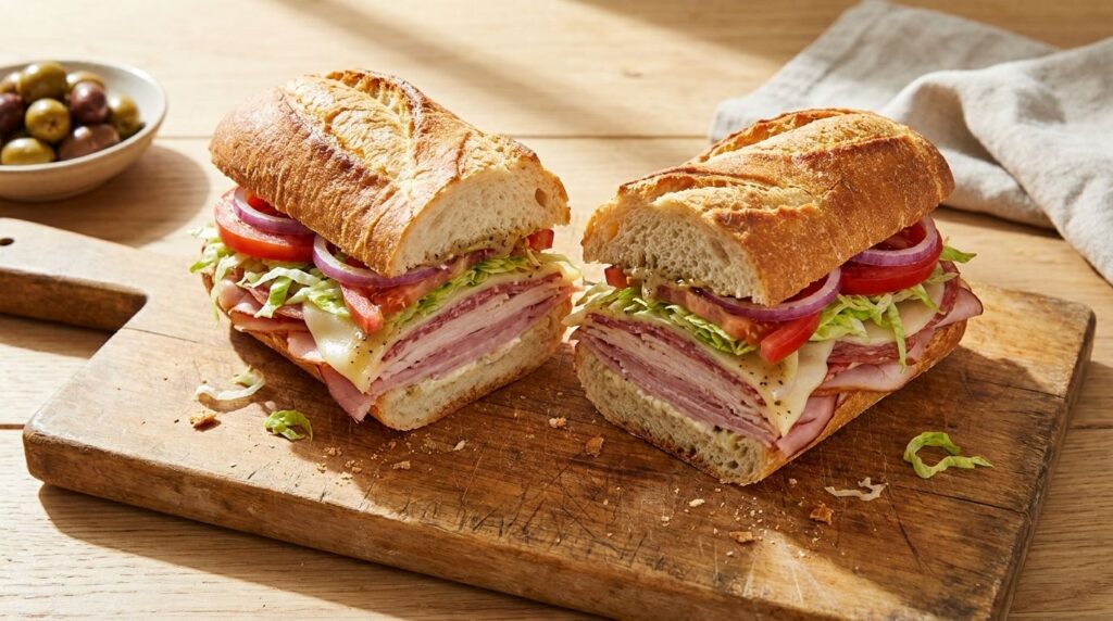 A perfectly assembled homemade sub sandwich cut in half showcasing layers of deli meat cheese fresh lettuce and tomato