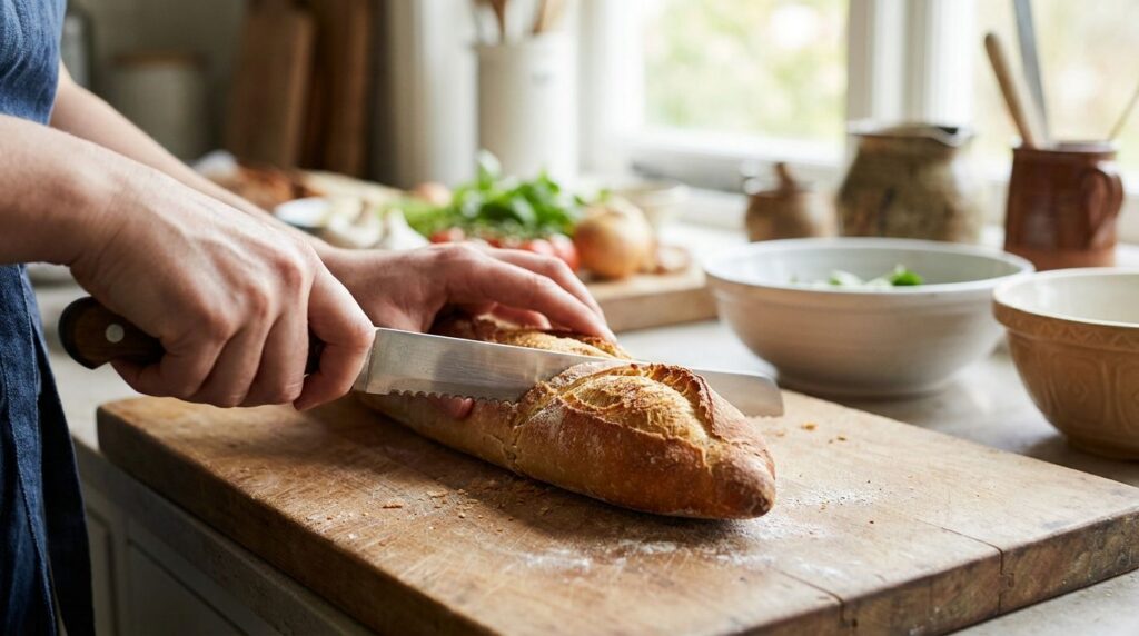 A pair of hands slicing a sub roll lengthwise on a cutting board revealing the soft interior ready for fillings