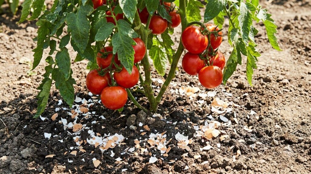 Close-up of a vibrant tomato plant with healthy green leaves and ripening red tomatoes with crushed eggshells visible ar