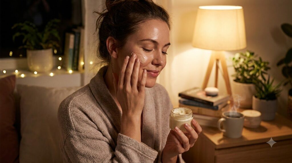 A woman gently applying a homemade cream to her face at night Her skin looks soft and glowing with a focused expression 