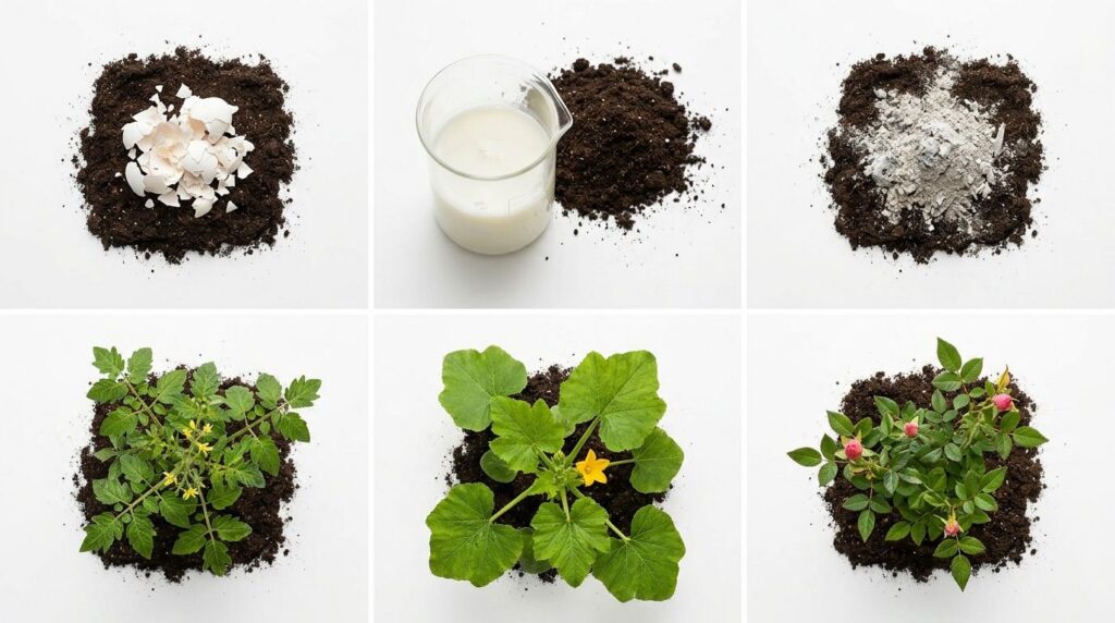 A grid displaying various natural fertilizers like eggshells diluted milk and wood ash alongside plants such as tomatoes
