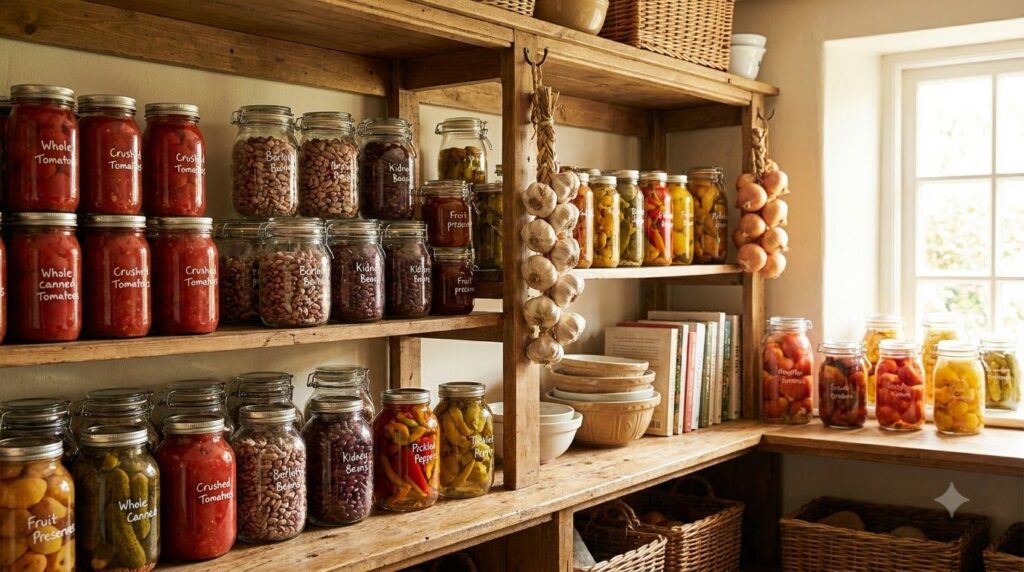A well-organized pantry shelf filled with glass jars of preserved garden produce including canned tomatoes frozen corn d