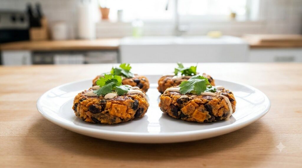 Vibrant orange and dark sweet potato and black bean bites on a white plate with a sprinkle of cilantro The bites look wh