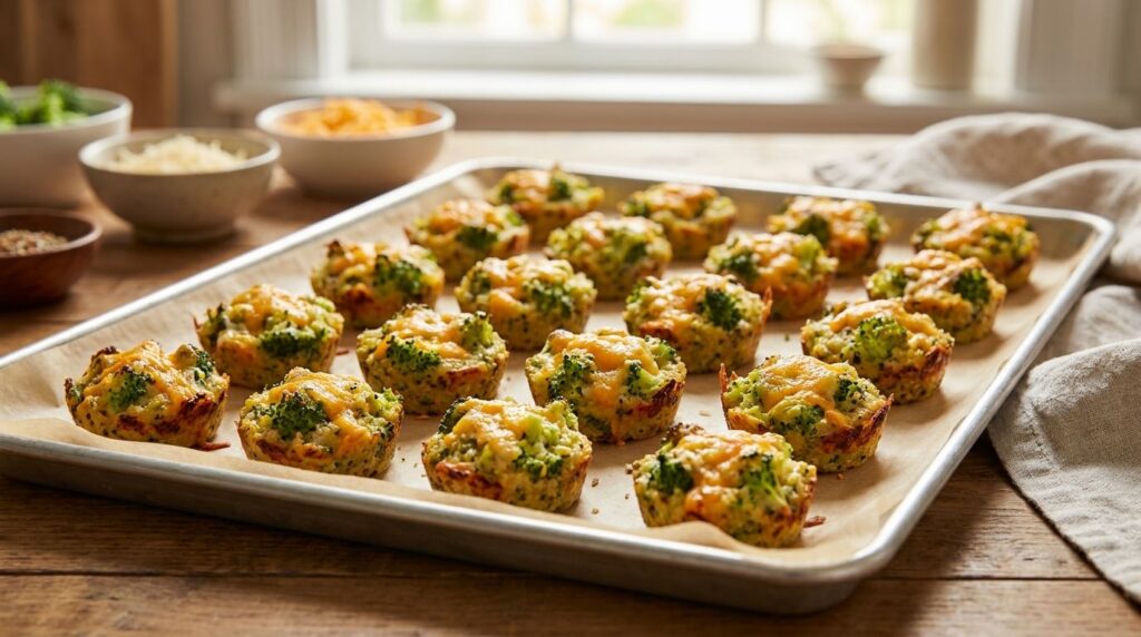 Golden brown broccoli and quinoa bites on a baking sheet with visible flecks of green broccoli and melted cheese They lo