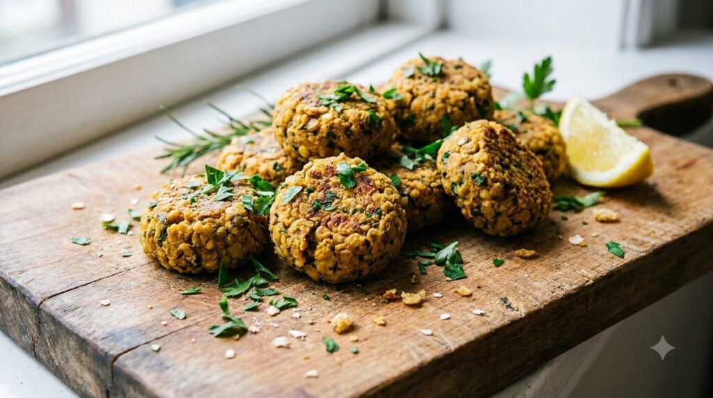 Savory lentil and herb bites on a rustic wooden board garnished with fresh parsley and a lemon wedge