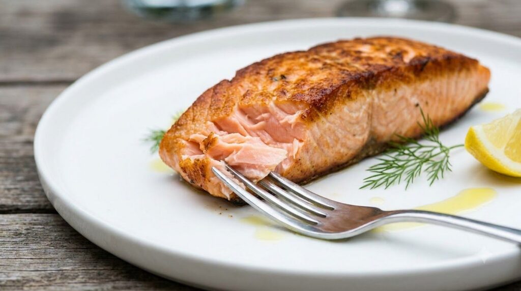 A close-up of a perfectly cooked salmon fillet flaking easily with a fork showing the moist opaque flesh and crispy skin