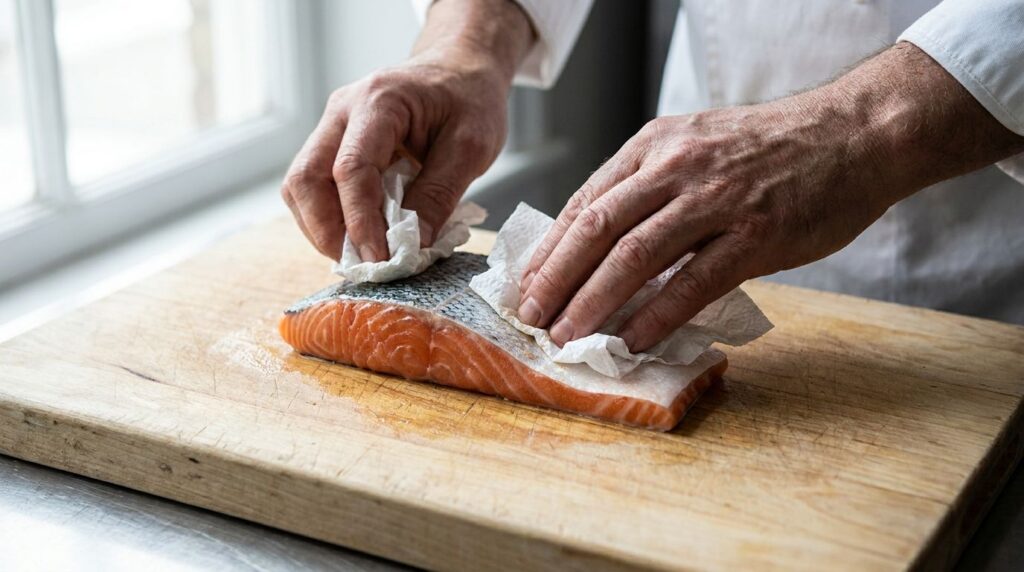 A close-up shot of a chef s hands patting a salmon fillet dry with paper towels on a cutting board emphasizing a crucial