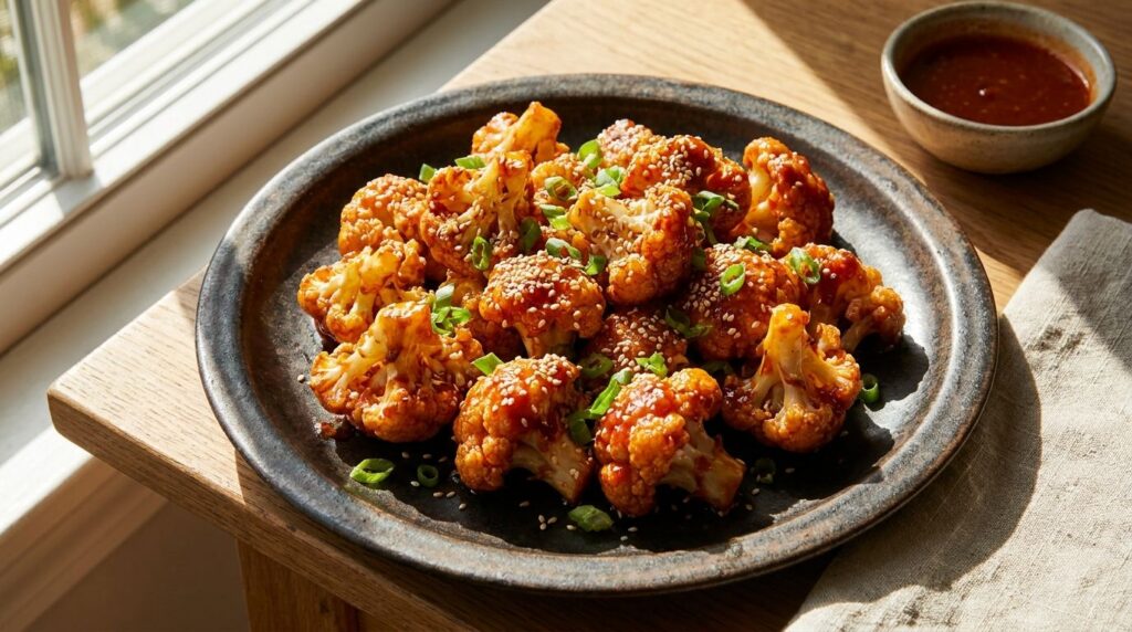 Crispy reddish-orange cauliflower bites coated in sriracha sauce garnished with sesame seeds and green onions on a dark 