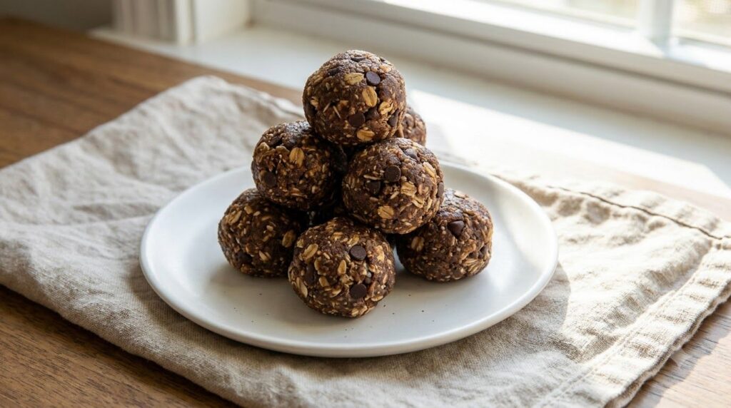 Dark-colored peanut butter chocolate chip energy bites with visible chocolate chips and oats stacked on a small white pl
