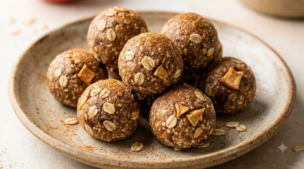 Round no-bake apple cinnamon oat bites dusted with cinnamon arranged on a rustic plate with visible oat flakes and apple
