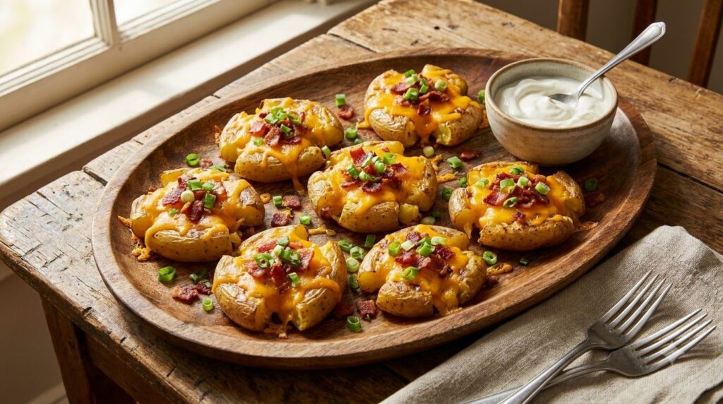 Loaded smashed potatoes topped with melted cheddar cheese crispy bacon bits and chopped green onions with a side of sour