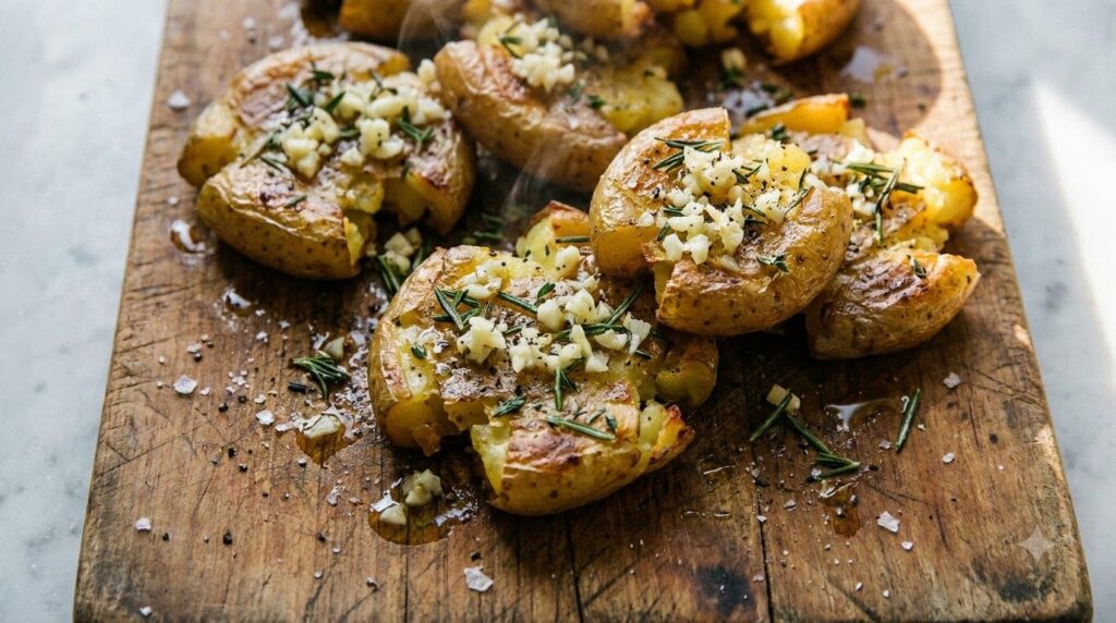Crispy smashed potatoes heavily seasoned with fresh minced garlic and herbs like rosemary and thyme on a baking sheet