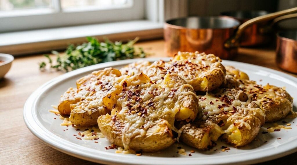Smashed potatoes with a golden crust sprinkled with grated Parmesan cheese and red pepper flakes fresh out of the oven