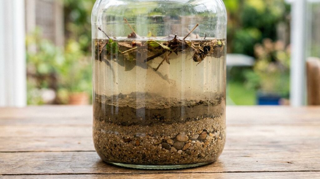 A clear glass jar showing distinct layers of soil sediment sand silt clay after settling in water with organic matter fl