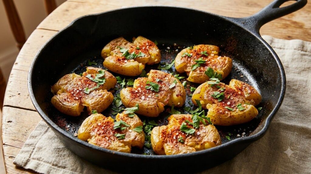 Smashed potatoes with a rich reddish-brown hue from smoked paprika garnished with fresh parsley on a black skillet