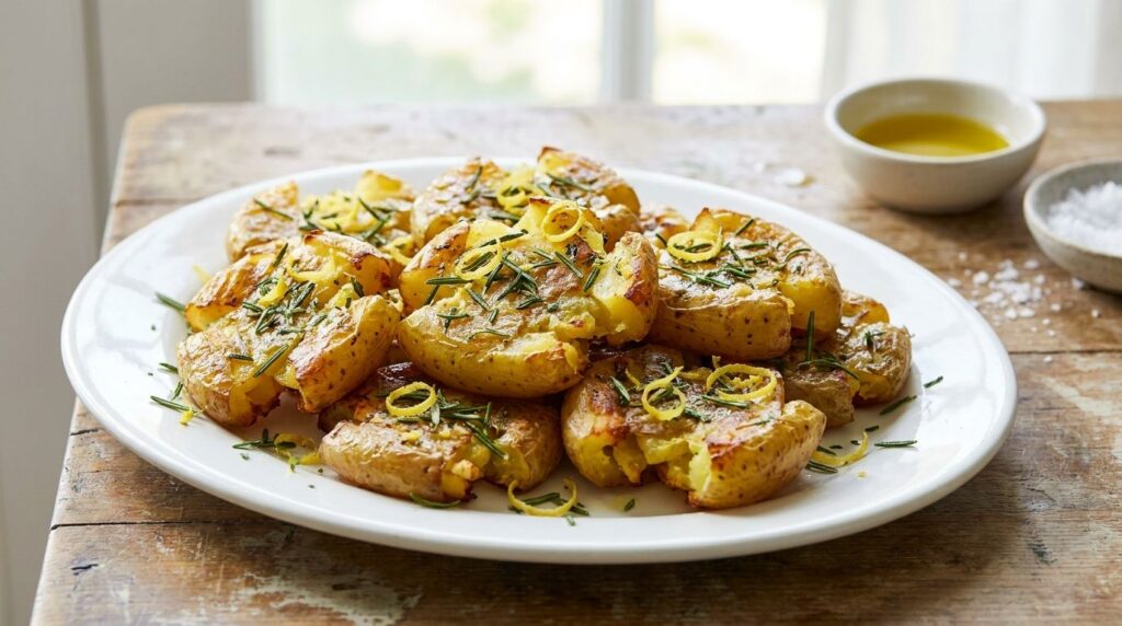 Smashed potatoes infused with fresh rosemary and bright lemon zest perfectly golden and crispy on a white serving platte