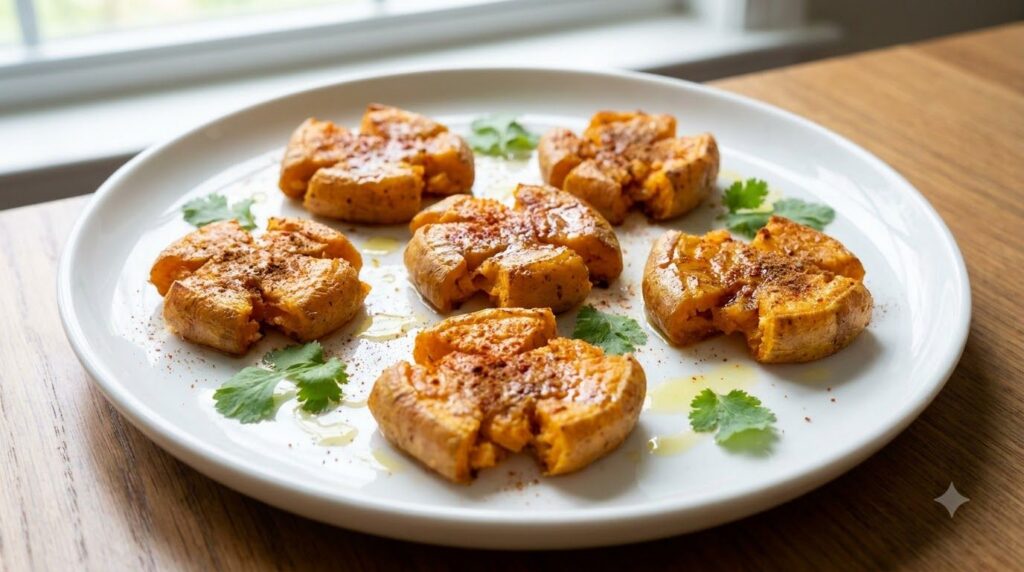 Crispy smashed sweet potato bites seasoned with paprika and cinnamon served on a white plate with a sprig of fresh herbs