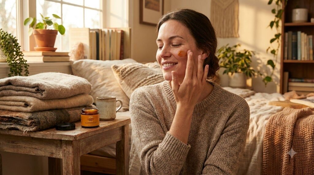 A woman gently massaging a small amount of night balm onto her face before bed showcasing smooth skin