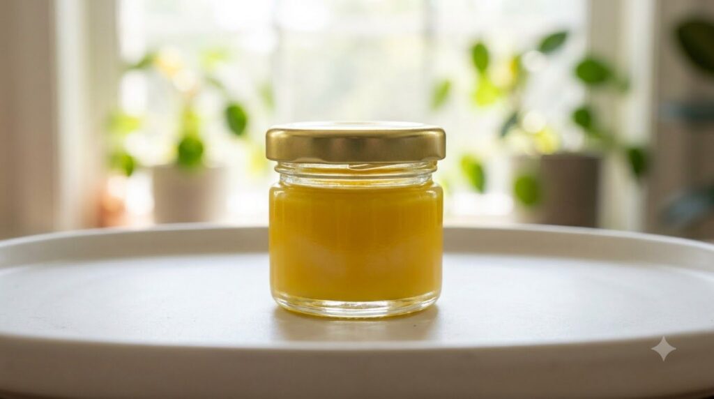 A small clear jar filled with the vibrant yellow DIY Turmeric Skin Balm solidified and ready for use A wooden spoon rest