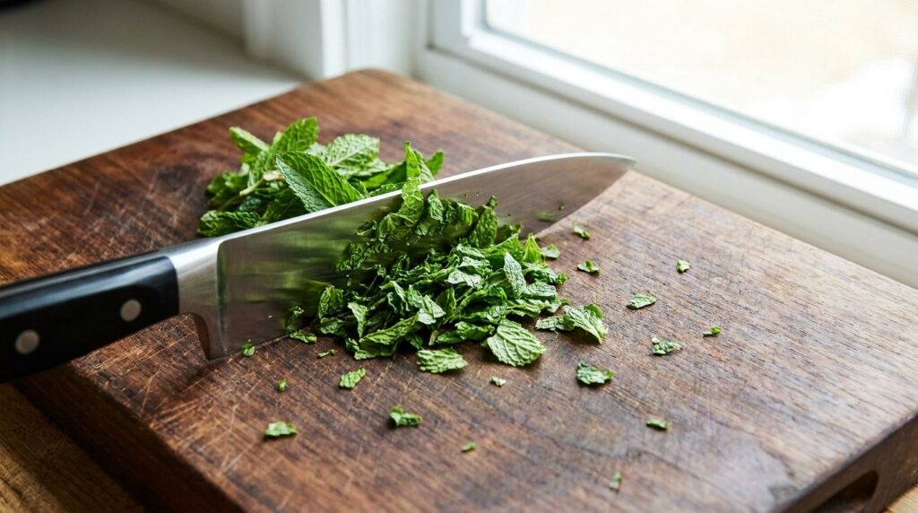 Fresh mint leaves being finely chopped on a wooden cutting board with a sharp knife
